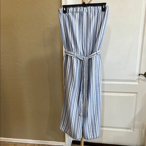 Bella Dahl Blue & White Striped Linen Blend Jumpsuit